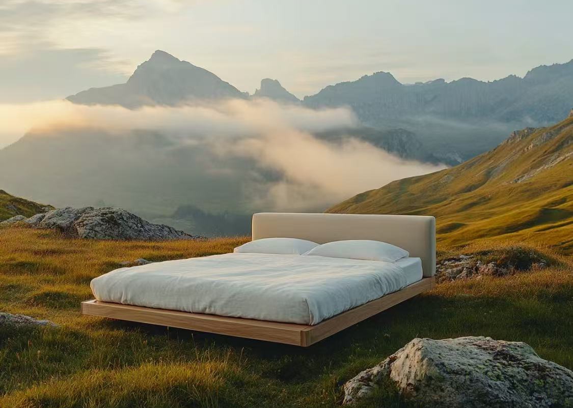 A linen bed standing on an alpine meadow at dusk, mountains behind