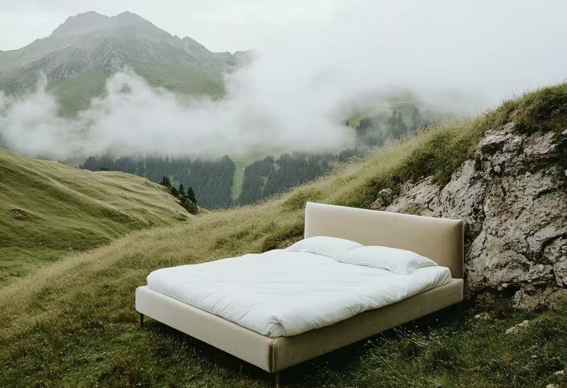 Minimal linen bed on a green slope with fog in the valley